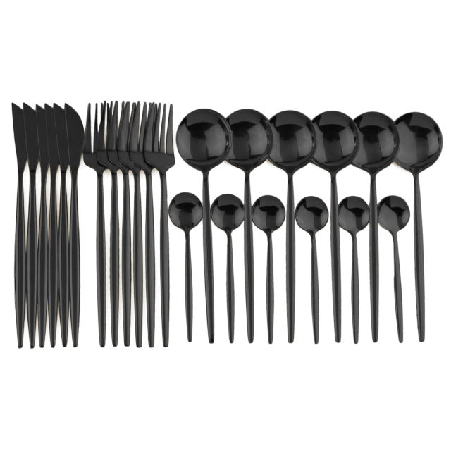 24pcs Black Western Dinnerware Set Stainless Steel Cutlery Set Fork Knife Spoon Tableware Set Flatware Set Silverware Set