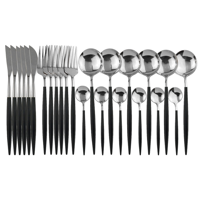 24pcs Black Western Dinnerware Set Stainless Steel Cutlery Set Fork Knife Spoon Tableware Set Flatware Set Silverware Set