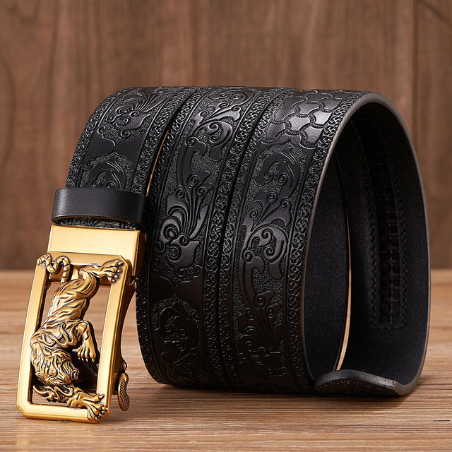 3.5cm Fashion Embossing Retro Male Belts for Men Business Cowhide Genuine Leather Belt Dragon Pattern Automatic Buckle Strap
