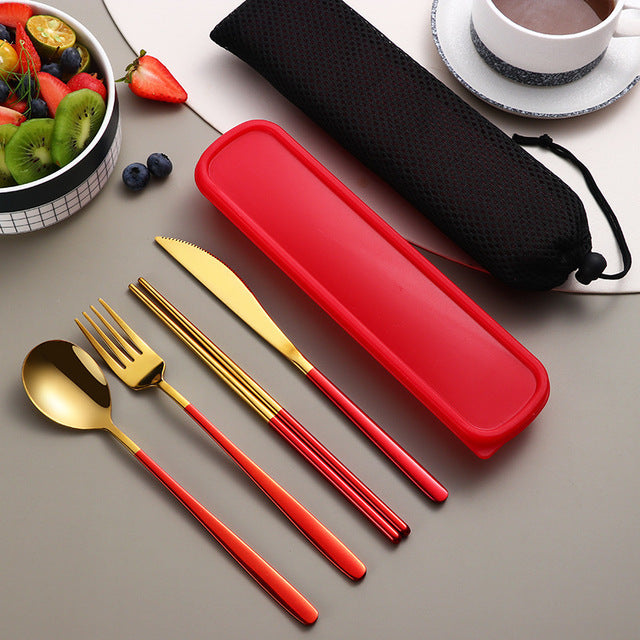 304 Portable Cutlery Set Dinnerware Set High Quality Stainless Steel Knife Fork Spoon Eco Friendly Travel Flatware With Box Bag