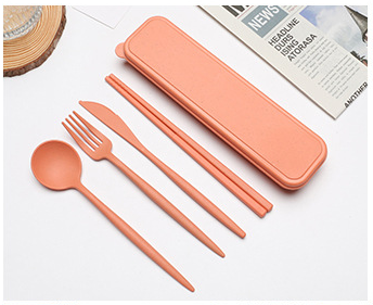 4PCS/Set Cutlery Tableware Spoon Fork Chopsticks Safe Wheat Straw Dinnerware With Box Travel Use Portable Kitchen Accessories