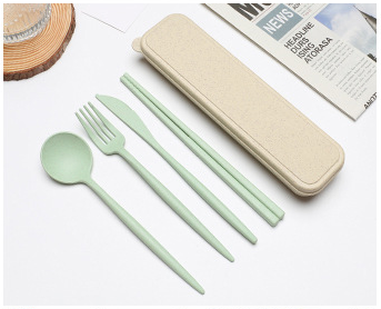 4PCS/Set Cutlery Tableware Spoon Fork Chopsticks Safe Wheat Straw Dinnerware With Box Travel Use Portable Kitchen Accessories