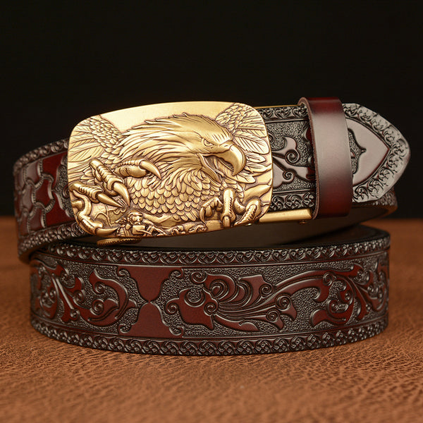 Eagle Buckle Cowskin Leather Belt Quality Alloy Automatic Buckle Wasitbad Strap Genuine Leather Gift Bussiness BeltBelt Men